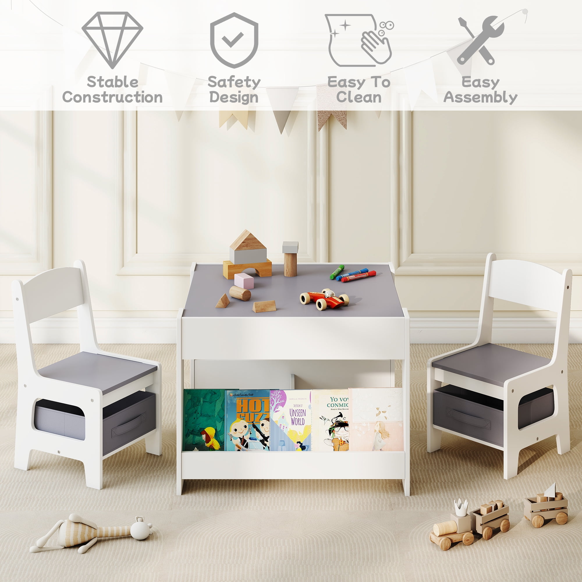 Kids Table and Chair Set, 3 in 1 Wooden Activity Table with Detachable Tabletop, Toddler Table and Chair Set with Storage Drawer, Kids Play Table for Children Art, Craft, Eating, Learning