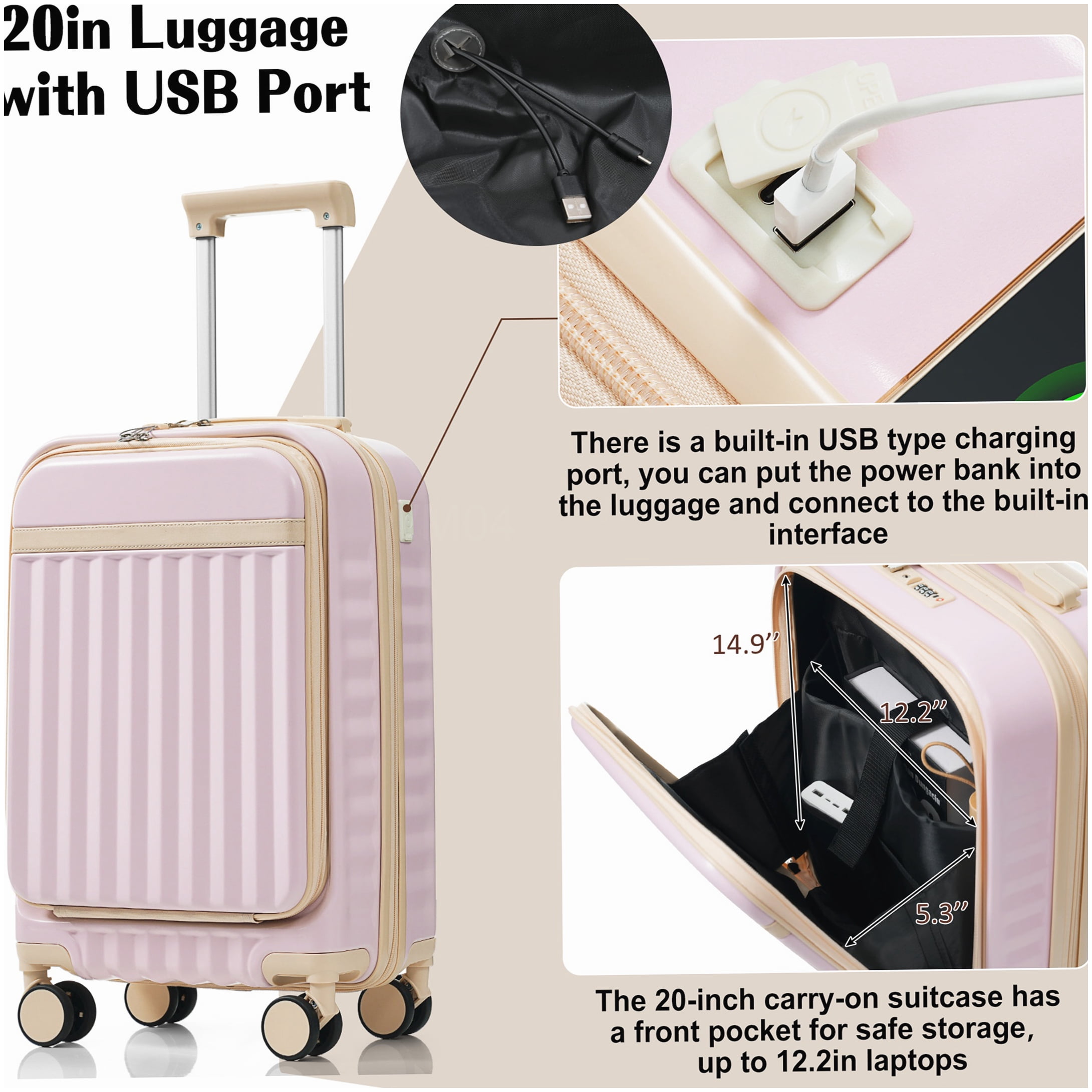 MANGIJOY Airline Approved Carry-On Luggage Set with USB Port, Front Opening Design, Light Pink ABS Hardshell &; 360 Spinner Wheels, 3-Piece