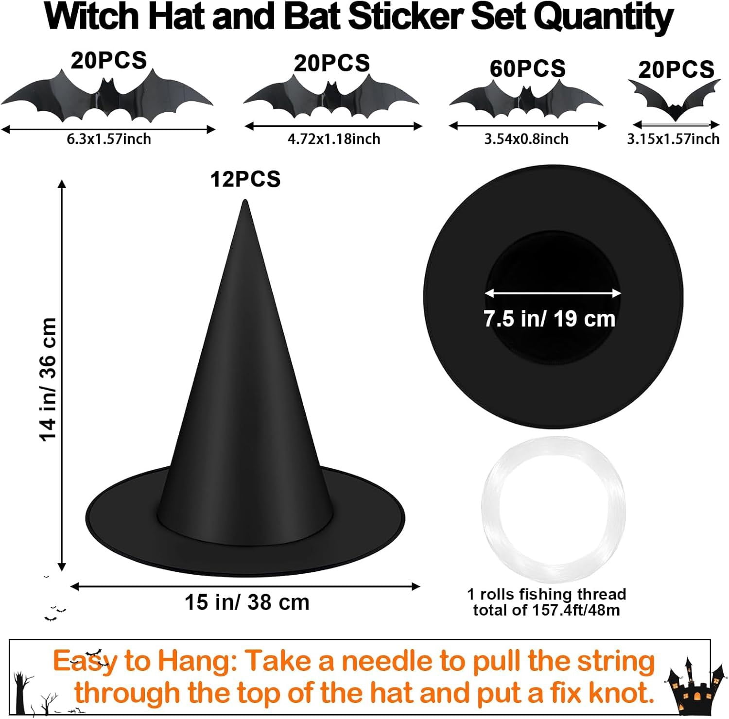 12 Pack Halloween Witch Hats with 120 Bat Stickers and 157ft Fishing Thread for Party Decor