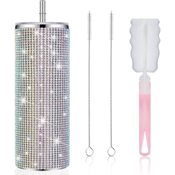 Bling Rhinestone Tumbler with Straw and Lid, Insulated Stainless Steel Water Bottle, 20 oz, Colorful