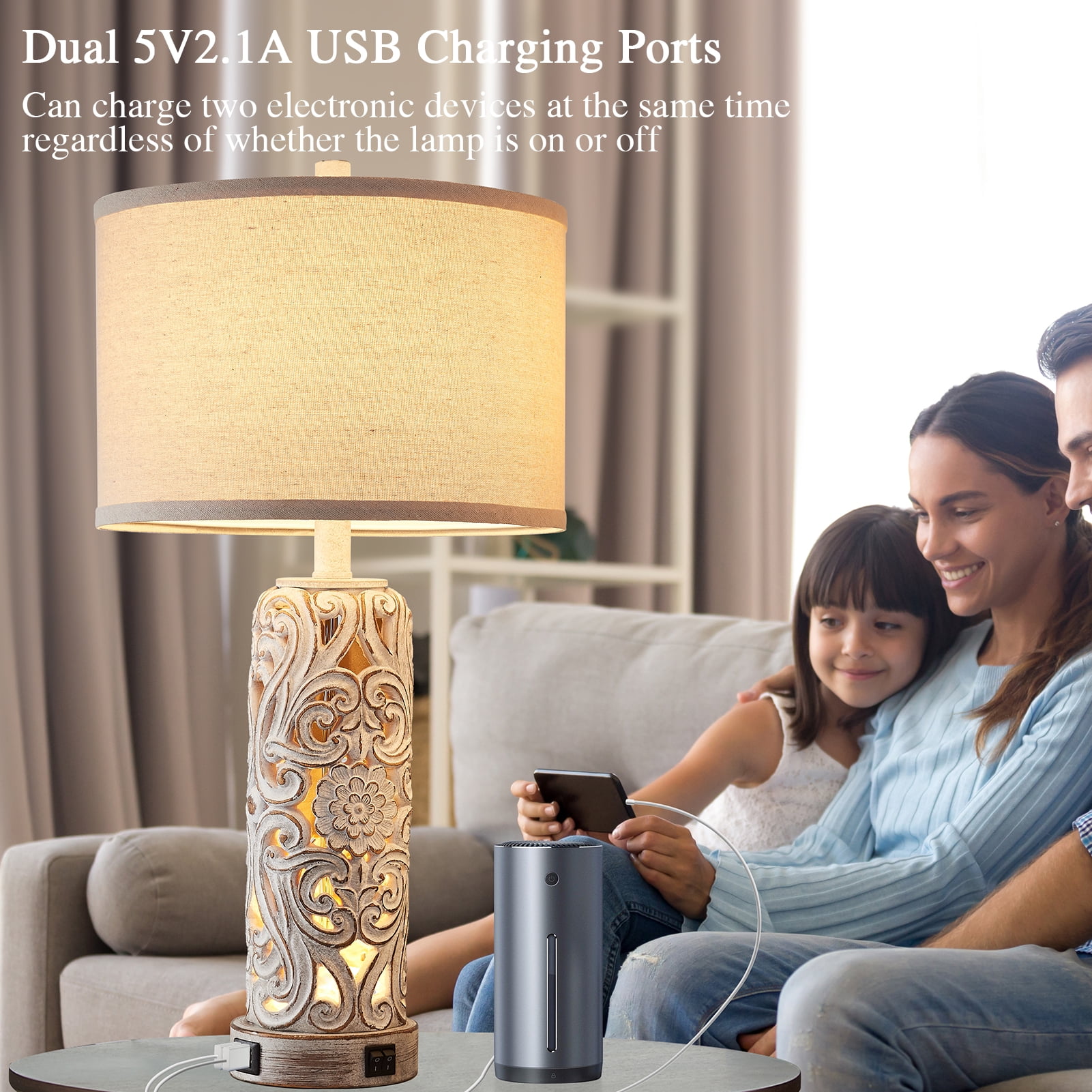RORIA 25" Country Style Table Lamps Set of 2，for Living Room Bedroom Nightstand, Hollow Resin Farmhouse Vintage Bedside Lamp with 2 USB Ports with Night Light, LED Bulb Included