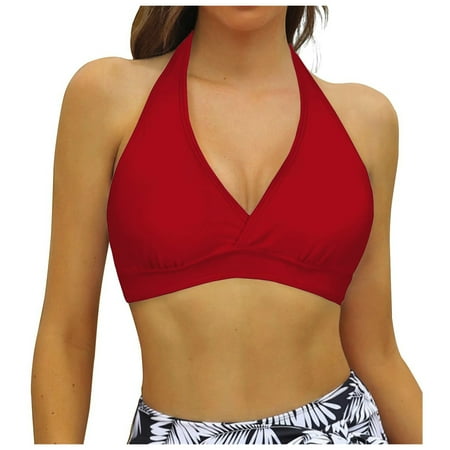 BOBOGOJP Women Halter Bikini Top Push Up Swimsuit Top Retro Swim Top Twist Front Bathing Suit Top Only (Red L)