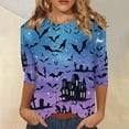 thumbnail image 2 of Halloween Shirts for Women Plus Size Funny 3/4 Sleeve Tops Spooky Castle Bat Printed Pullover Horror Crew Neck T Shirts Holiday Three Quarter Length Blouses, 2XL, 2 of 5