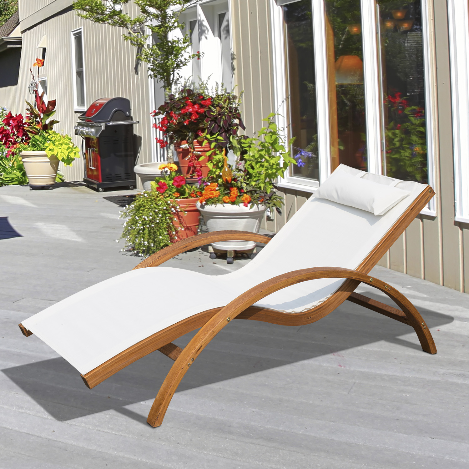 Outdoor Wood Sling Chaise Reclining Garden Mesh Lounger Patio Chair