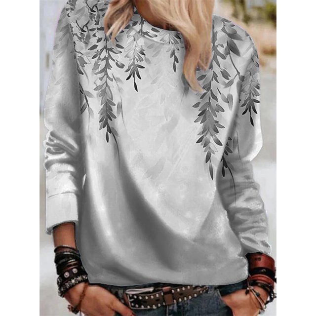 Camisetas de moda de otoño para mujer, Tops de manga larga con cuello redondo y estampado de hojas, Jersey informal holgado, ropa de calle para mujer 2021