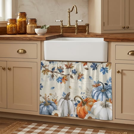 Cabinet Curtains 10 W x 11 L Orange Blue Pumpkin Fall Sink Skirt for Bathroom Kitchen Self Adhesive Thanksgiving Maple Leaves Branch Desk Privacy Short Curtain for Shelves Closet Table Storage