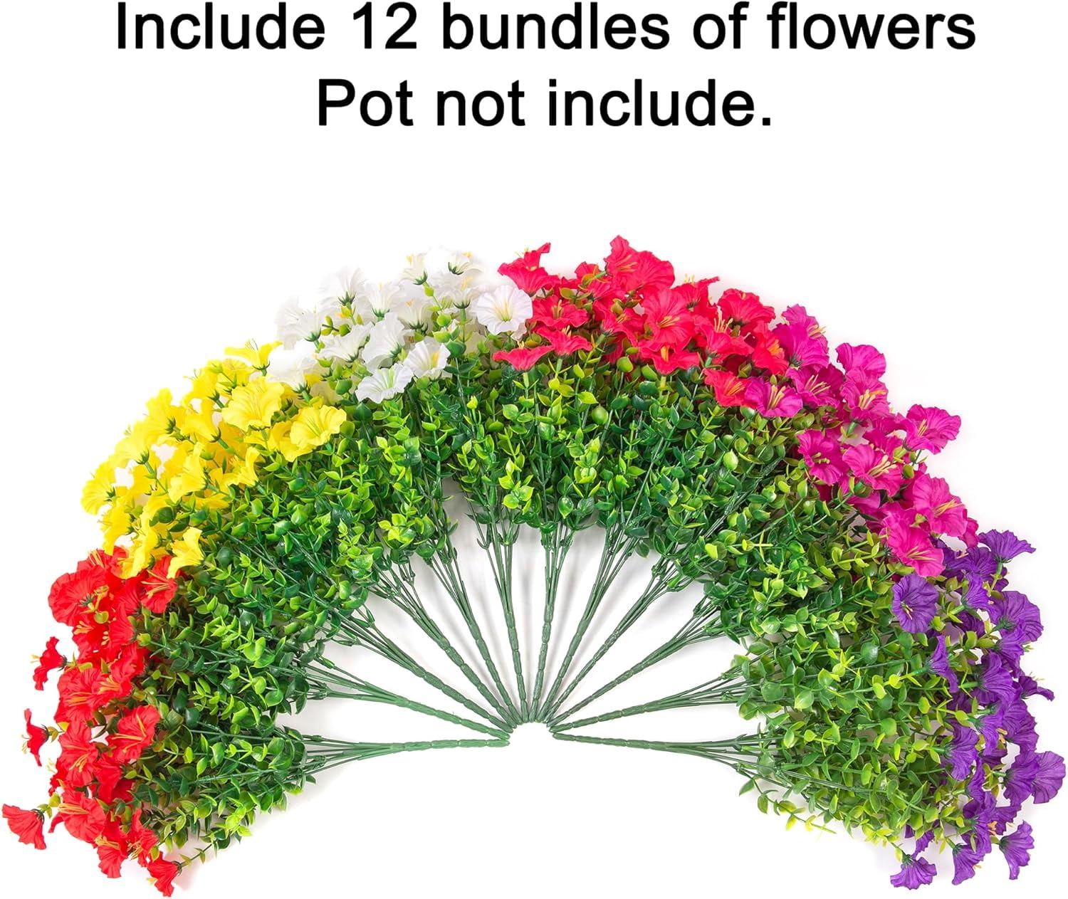 Artificial Flowers for Outdoors Fake Plants Outside Decoration, 12 Bundles Silk Colorful Morning Glory with Eucalyptus UV Resistant Realistic Faux Flowers for Planter Front Door Garden Yard