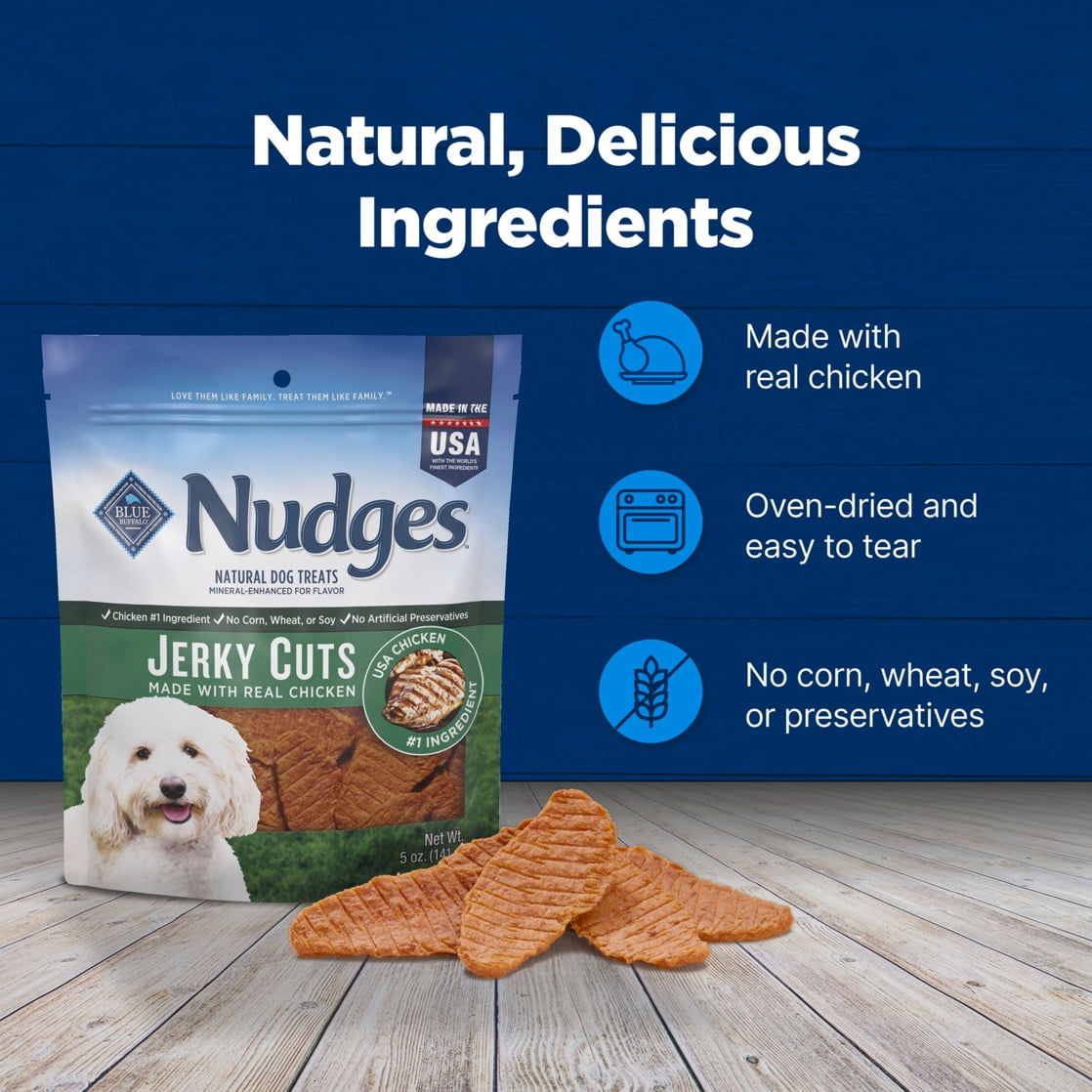 Blue Buffalo Nudges Jerky Cuts Dog Treats, Made in the USA with Natural Ingredients, Chicken, 5-oz. Bag