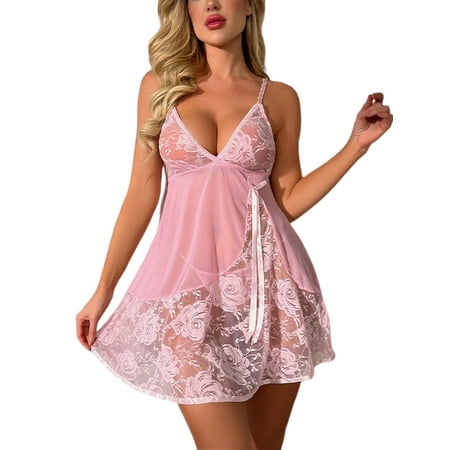 

Colisha Ladies Babydoll Floral Chemise Deep V Neck Lingerie Mesh Sleeping Lace Sleepwear Pink M