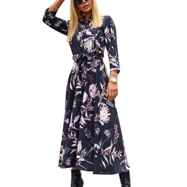 Vestido de manga larga con estampado floral, corbata con botones y tiras hasta el tobillo, vestido largo de moda para dama, negro, floral, L