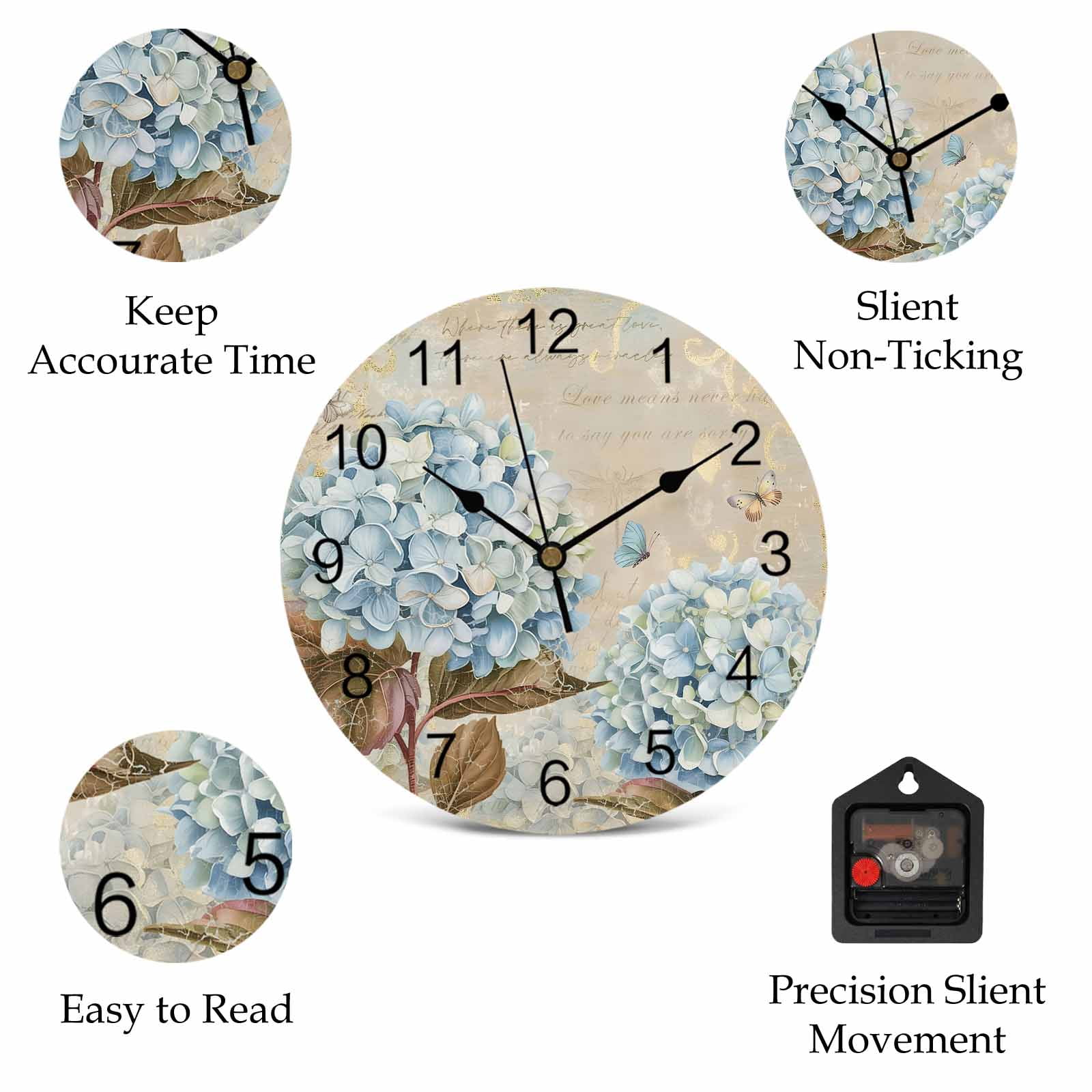 Wall Clock Hydrangea Floral Clocks PVC Silent Non-Ticking Battery Operated Decorative Butterfly Vintage Blossoms Flowers Round Clock for Home Living Room Kitchen Bedroom Office Wall Decor 10 Inch