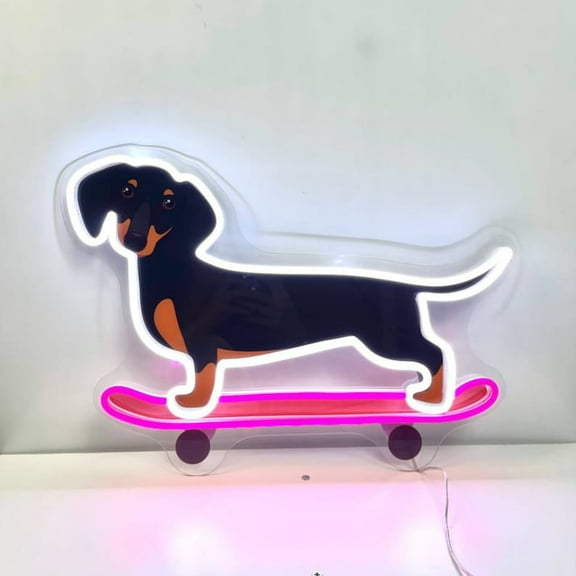 Handmadetneonsign Dachshund Skateboarding Decal Printed Neon Light, Dachshund Dog Skateboard