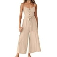 thumbnail image 2 of Usmixi Jumpsuits for Women Dressy Casual Button Down Spaghetti Strap Wide Leg Long Jumpsuits Overalls with Belt Summer V-Neck Sleeveless Solid Maxi Formal Rompers Beige s, 2 of 7