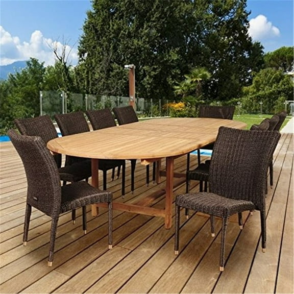 District 11 Piece Resin Wicker Patio Dining Set With 87 X 47 Inch Oval Teak Extension Table By Amazonia
