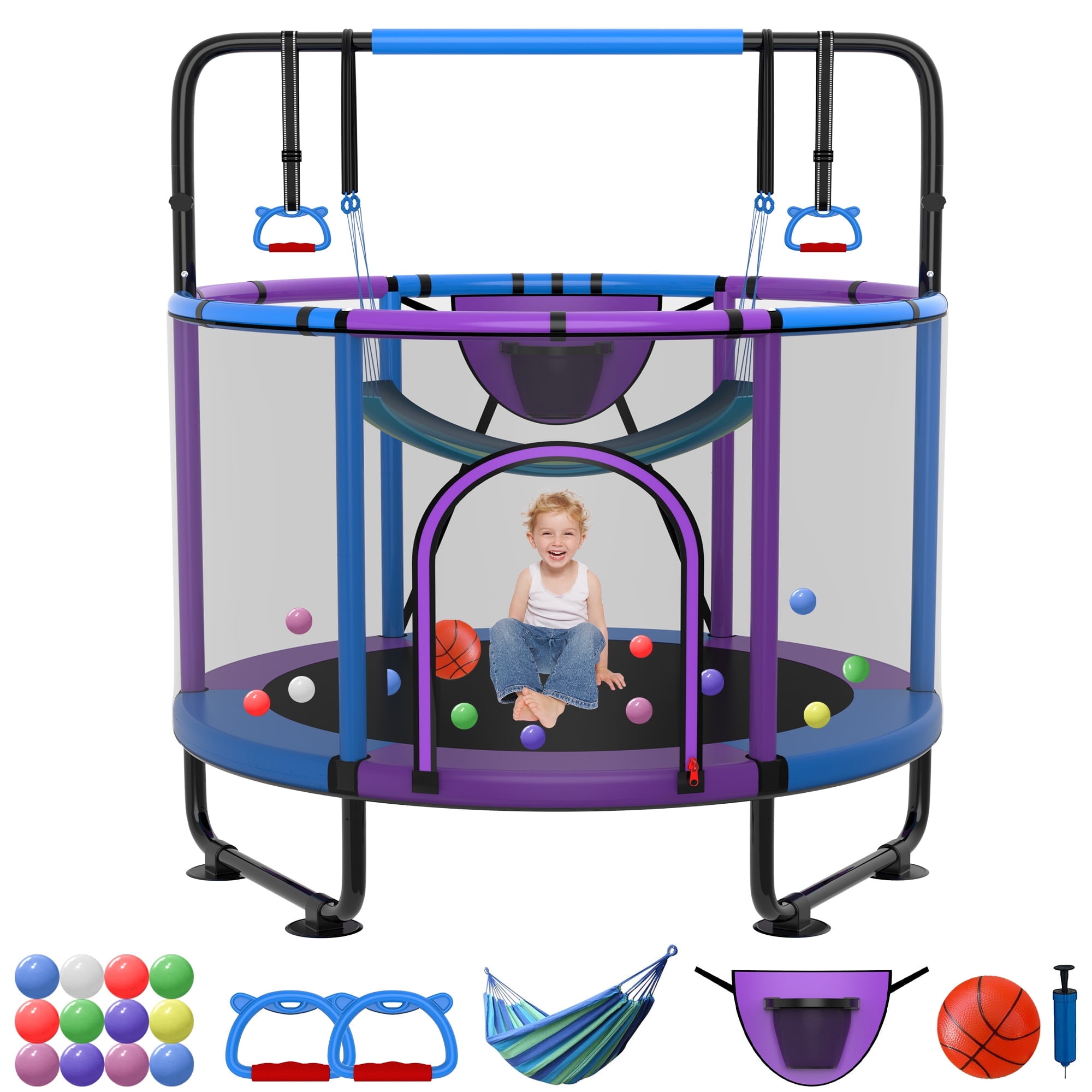 XMIKA Trampoline for Kids, 54'' Toddler Trampoline with Enclosure, Swing, Basketball Hoop, 4.5FT Indoor/Outdoor Trampoline with Adjustable Gymnastics Bars, Rings, Mini Trampoline for Boy and Girls