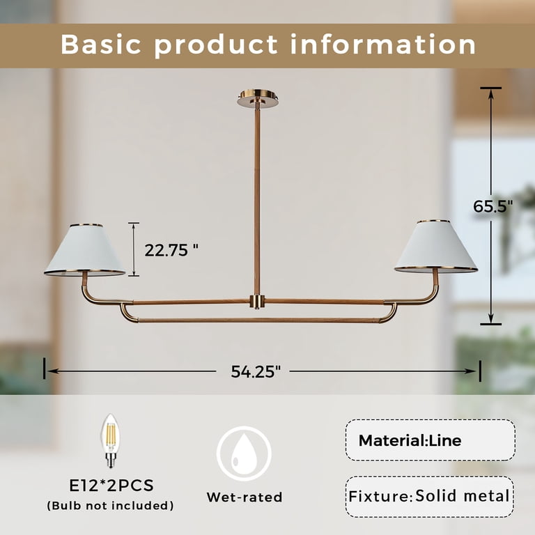 Modern Linear 2-Light Chandelier – White Fabric Pleated Shades, Adjustable Height, Dimmable, For Dining Room Or Kitchen Island