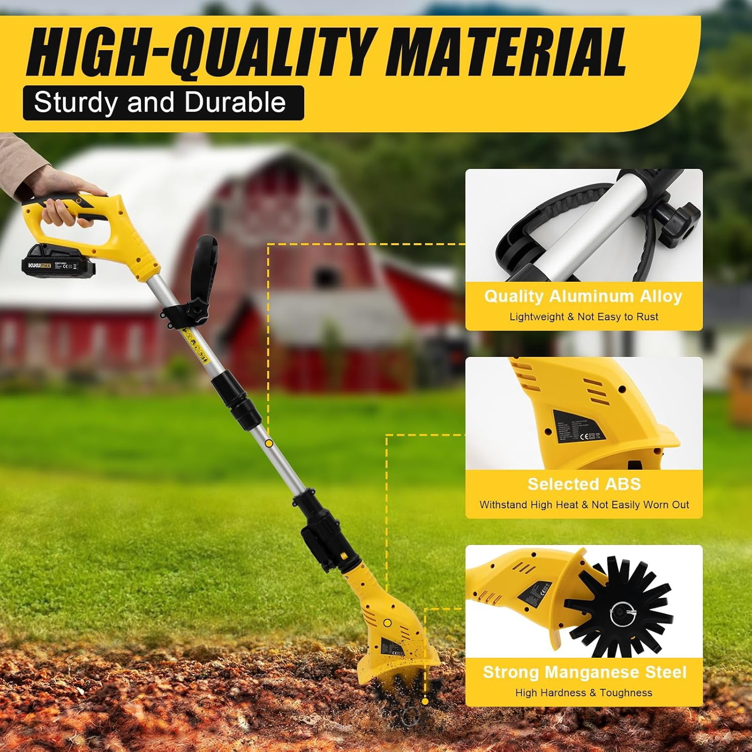 DENEST 20V Cordless Tiller Cultivator, Electric Garden Tiller 250 RPM 3.9" Tilling Width, 6.7" Depth, with 2000mAh Battery, Height Adjustable