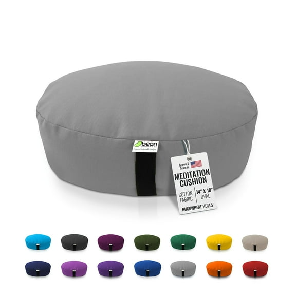 Organic Buckwheat Hulls 14x18" Oval XL Zafu Meditation Cushion - Tibetan Style Cotton Zen Yoga Pillow for Floor - Made in USA, STONE GRAY