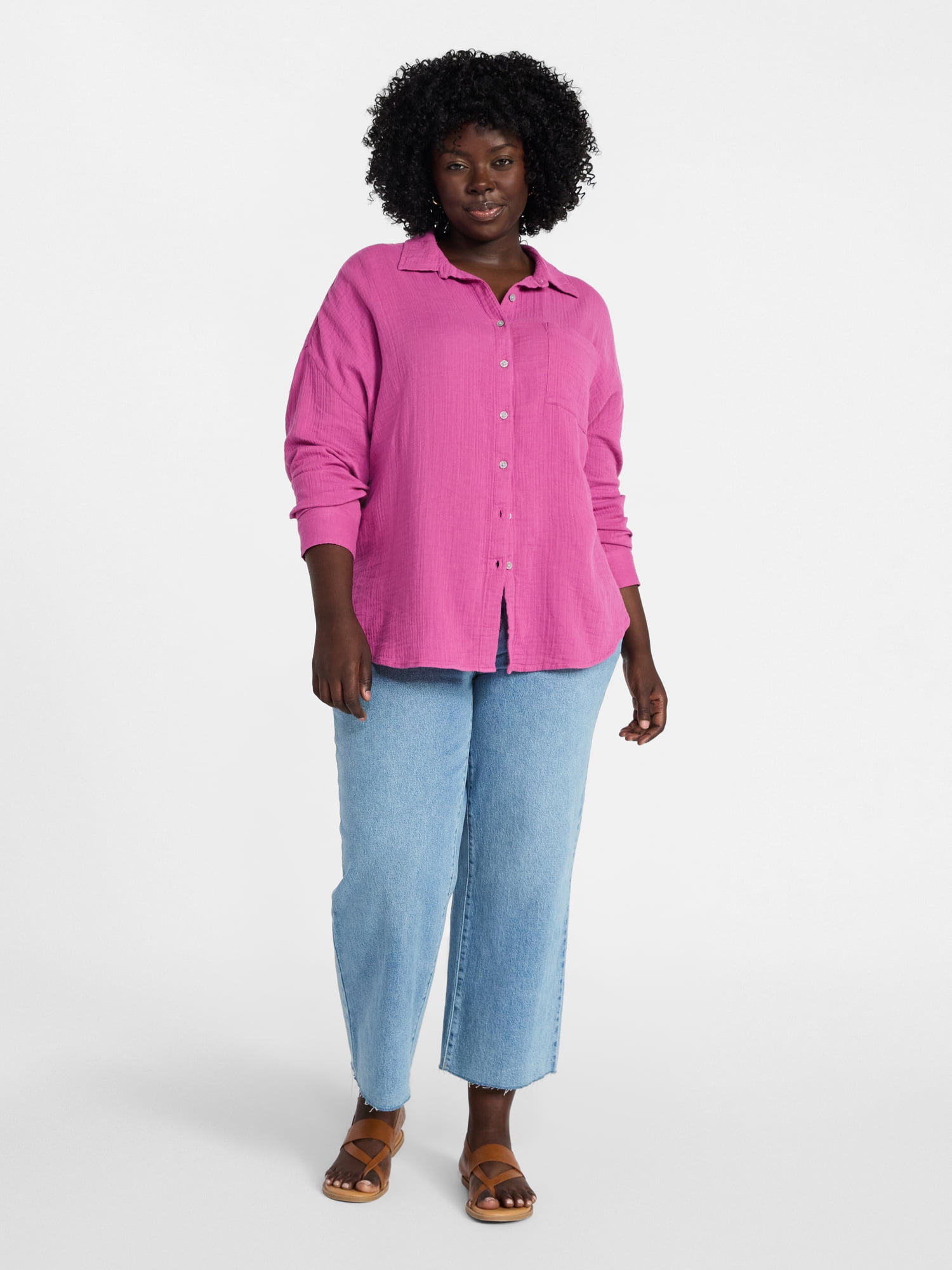 Terra & Sky Women's Plus Size Double Cloth Boyfriend Shirt, Sizes 0X-5X