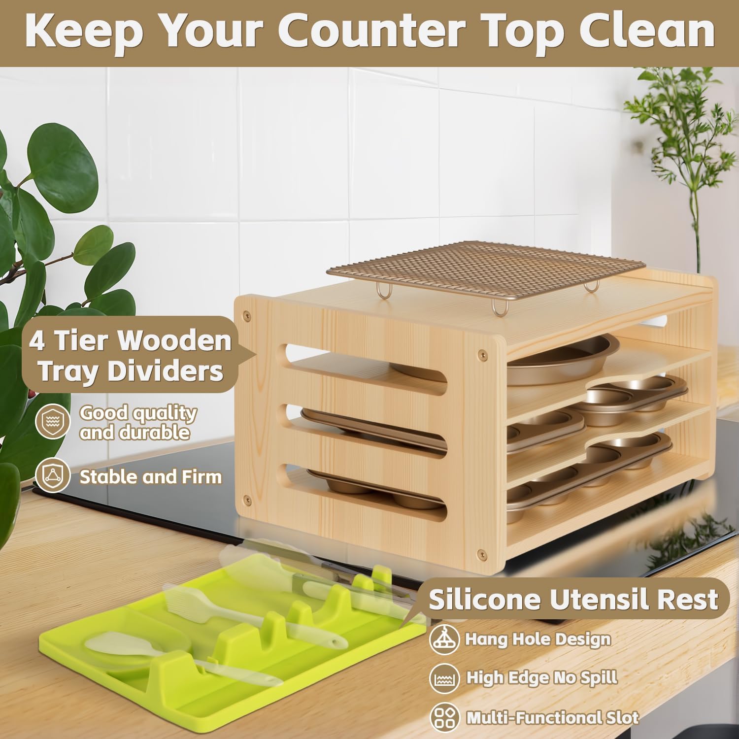 4 Tier Wooden Cabinet Tray Dividers for Baking Trays, Pans & Cutting Boards - 16.61" Wx12.4 Dx8.94 H Vertical Cookie Sheet Organizer, Spoon Rest, Utensil Holder, Kitchen for Pots Pans Storage