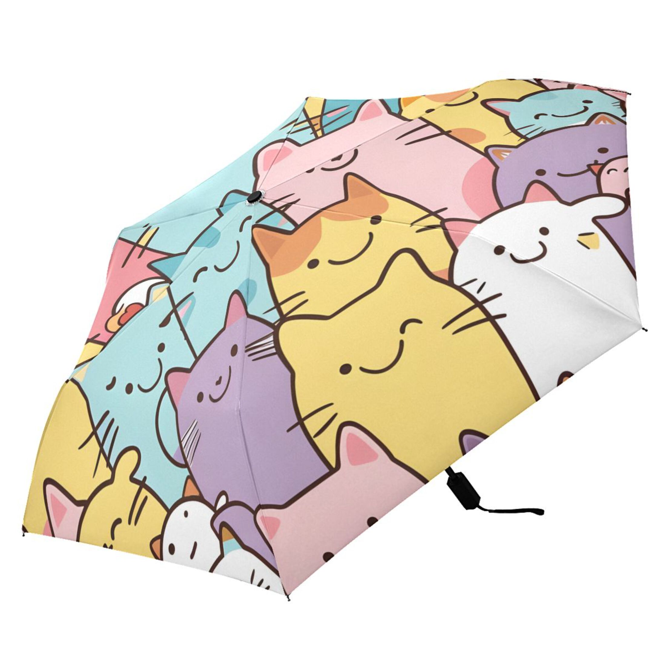 Cute Cartoon Cat Faces All Weather Umbrella Triple Folding Parasol 6 Ribs UV Protection Portable