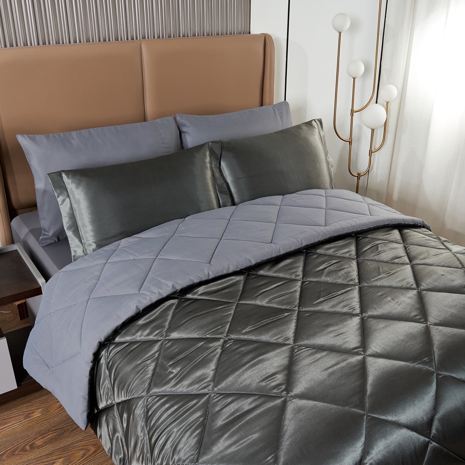 JML Luxury Satin Comforter Set, 8-Piece, Silky Satin Bed In A Bag, Queen, Down Alternative