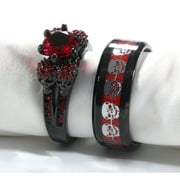 Punk Skull Rings Black Matching Rings Couple Rings Red Cz Wedding Ring for Women