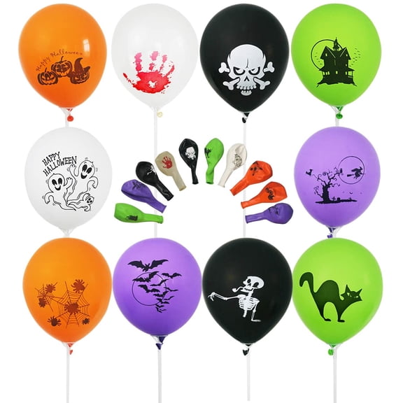 100 PCS 12 Inches Latex Halloween Balloons with 10 Printed Designs Large Thick Big Round Biodegradable Bulk Helium Gas or Air Inflated for Halloween Party Holiday Decorations Supplies Favors
