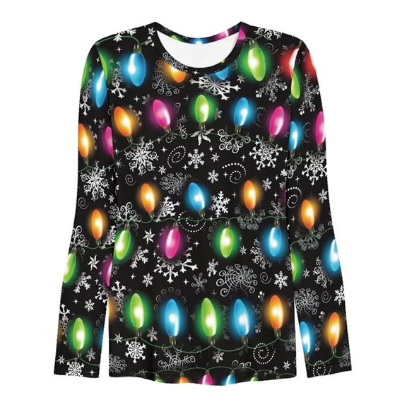 Trendfront Womens Christmas Graphic T Shirts Crewneck Long Sleeve Holiday Lights Snowflake Print Winter Tee Tops