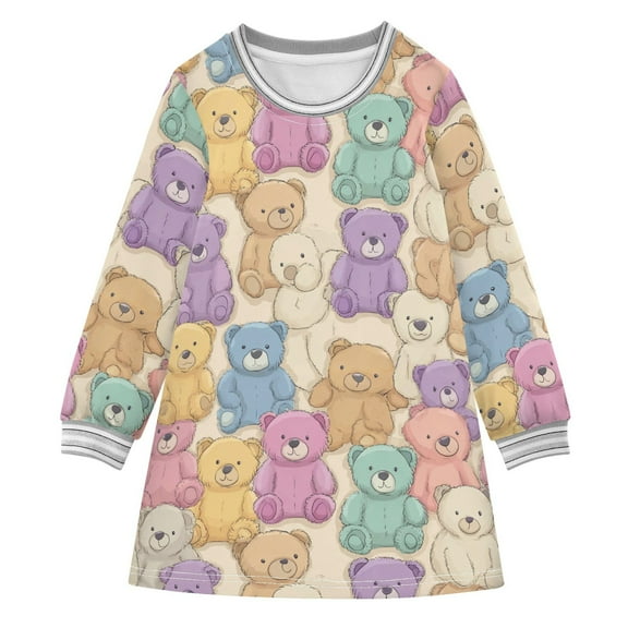 Girls' long-sleeved dress Cute Bear Girls' A-line dress with ribbed cuffs Soft and comfortable