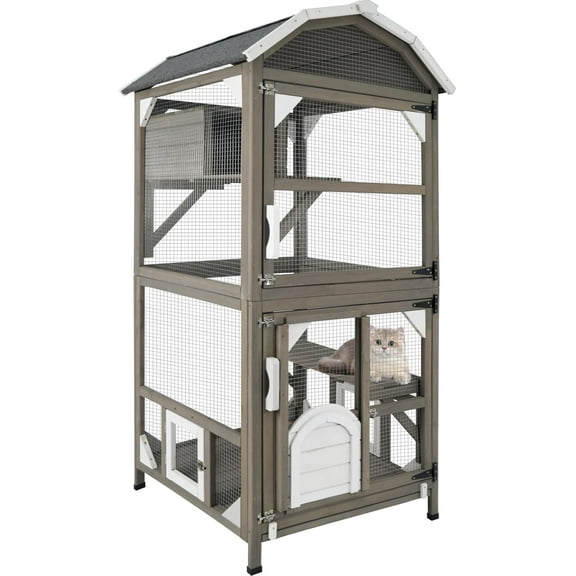 71'' Large Cat House Outdoor Catio Enclosures Indoor Kitten Cages with Attachable Window Resting Box,Waterproof Roof