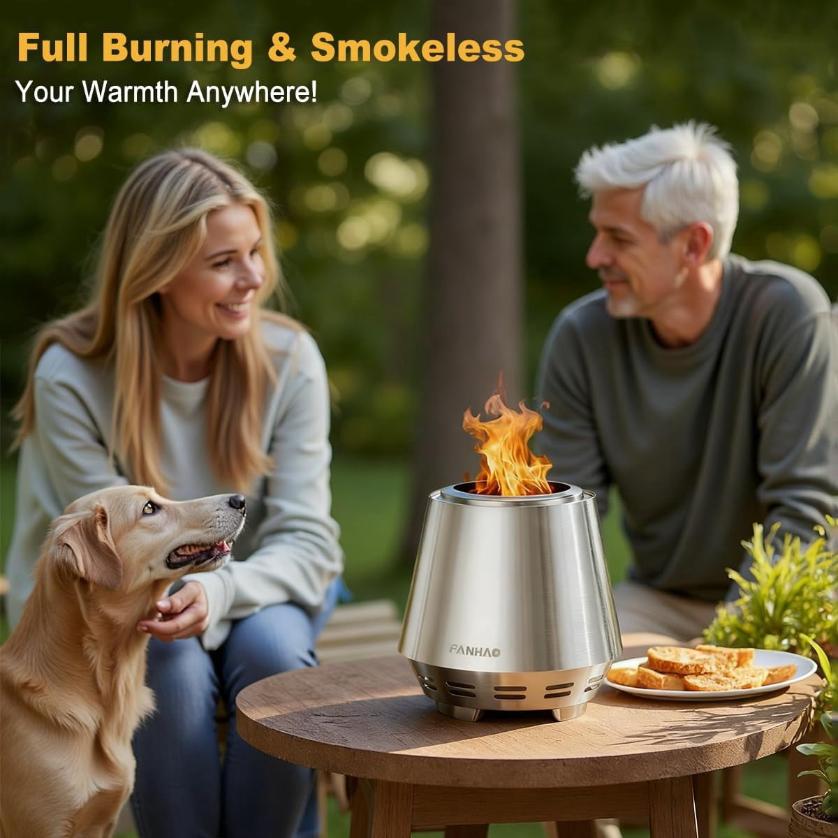 FANHAO Smokeless Fire Pit 21'' for Camping, Stainless Steel Firepit with Stand, Wood Burning or Pellet Fueled