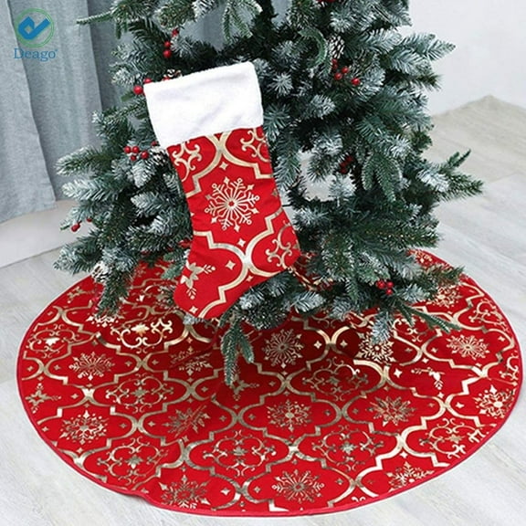 Deago Christmas Tree Skirt 48 Inches Snowy Pattern Large Christmas Tree Mat with Merry Christmas Stocking for Xmas Holiday Decoration Indoor Outdoor (Red)