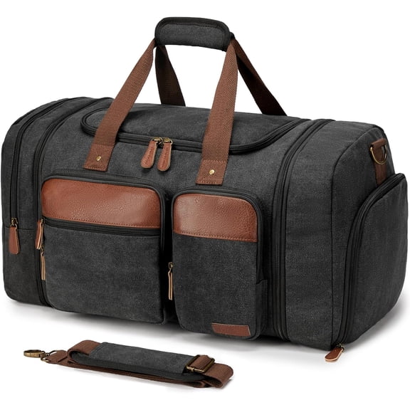 Canvas Duffle Bag for Travel 50L Expandable Travel Duffel Bags for Men Women Overnight Weekend Gym Bag with Shoes Compartment - Dark Grey