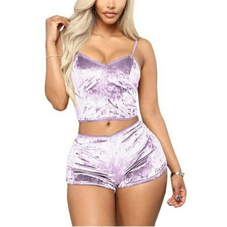 

Qiylii Women 2PCS Pajamas Set Slim Strap Solid Color Sling Crop Top Shorts
