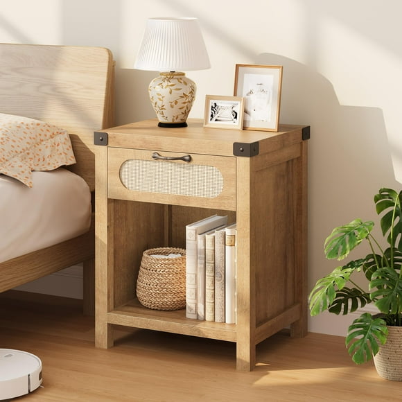 Yeshouse Mesitas de noche de ratán, mesita de noche rústica, mesita de noche con cajón y estante abierto, mesa auxiliar bohemia para sala de estar y dormitorio