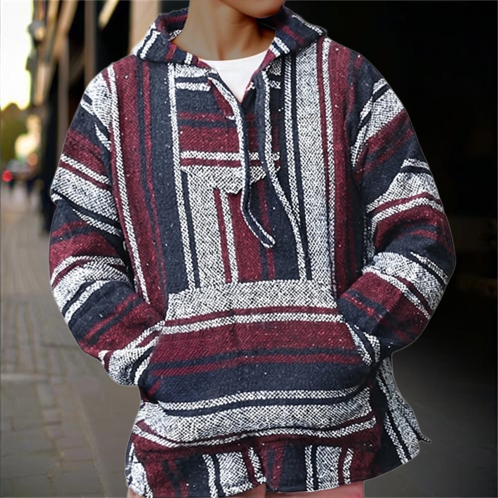 Mexican Lightweight Hoodie for Men Casual Comfy Pullover Shirts with Pockets Hoodie Hippie Surf Poncho Sweater Sweatshirt Pullover Fall Winter Fashion Hooded Sweatshirt (Red,2XL)