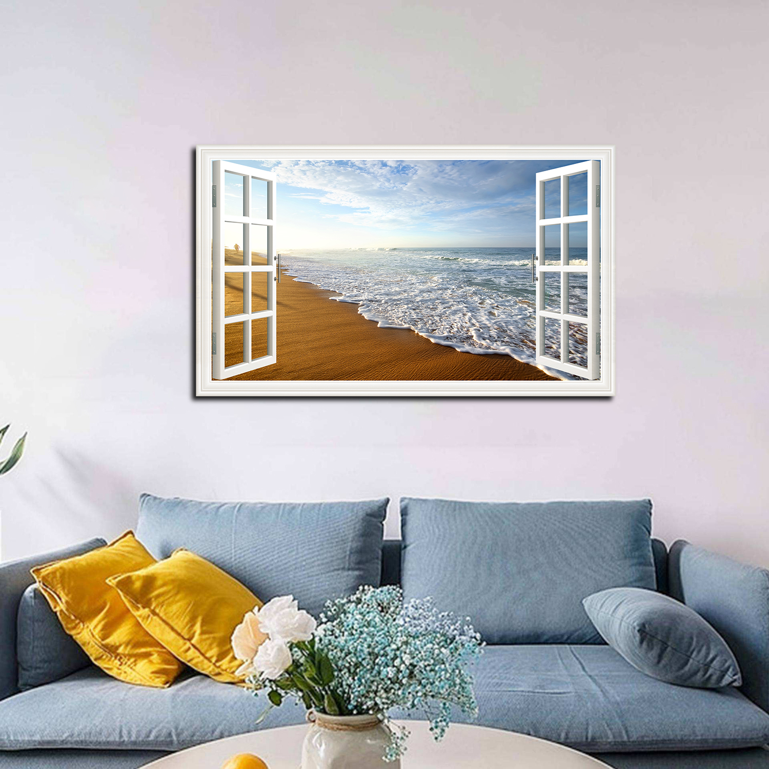 Window View of Beach Ultra Canvs Art Fake Open Window Wall Art Beach Ultra Framed  Painting For Livingroom Office Bedroom Ready to Hang