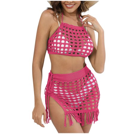 Idoravan Beach Vacation Essentials for Women Women s Sexy Perspective Hollowed Out Woven Shirt Beach Bikini Cover Up Two-piece Set