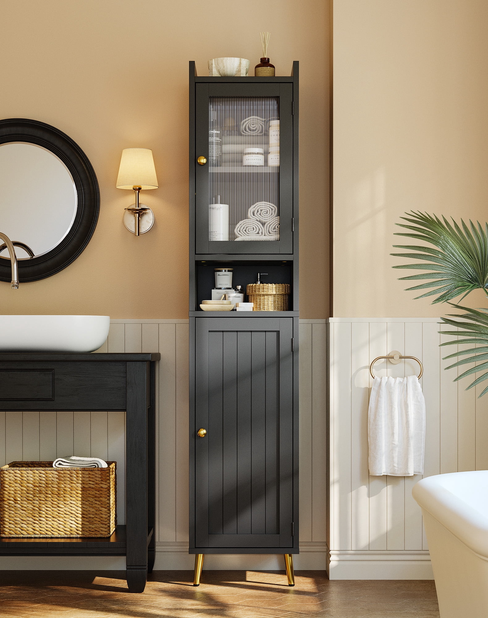 EnHomee 69" Tall Bathroom Storage Cabinet,Narrow Linen Cabinet with 2 Door and Adjustable Shelves​,Black