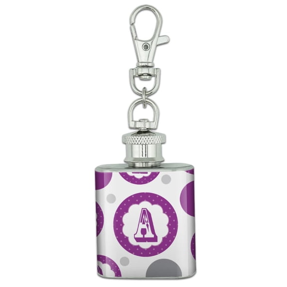 Letter A Initial Flower Purple Stainless Steel 1oz Mini Flask Key Chain