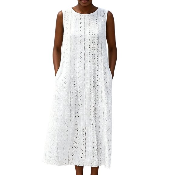 Women's Summer Dresses Sleeveless Round Neck Eyelet Embroidered A-Line Maxi Dress Breathable Vacation Boho Resort Sundress White S