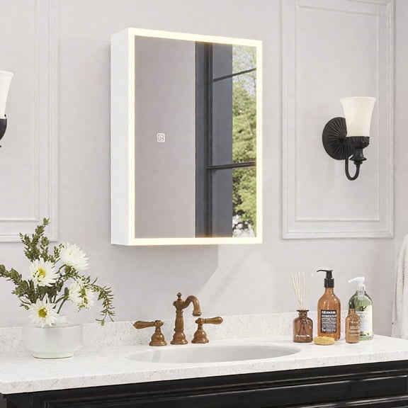 Ktaxon LED Lighted Bathroom Medicine Cabinet with Mirror, Wall Mounted Storage Cabinet w/ Dimmable, Memory function, Outlets & USB, 20"x28", White