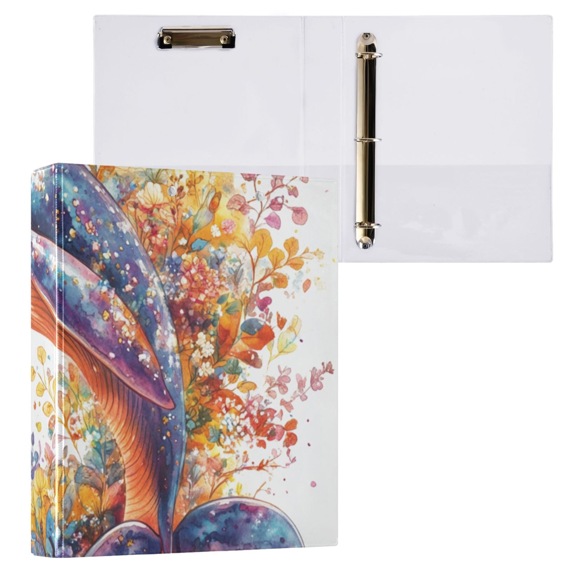 Whale and Flowers Leaves 3 Ring Binders 1.5 inch Hardcover File Folders with Interior Pockets A4 Size Organizer for School Office Hospital