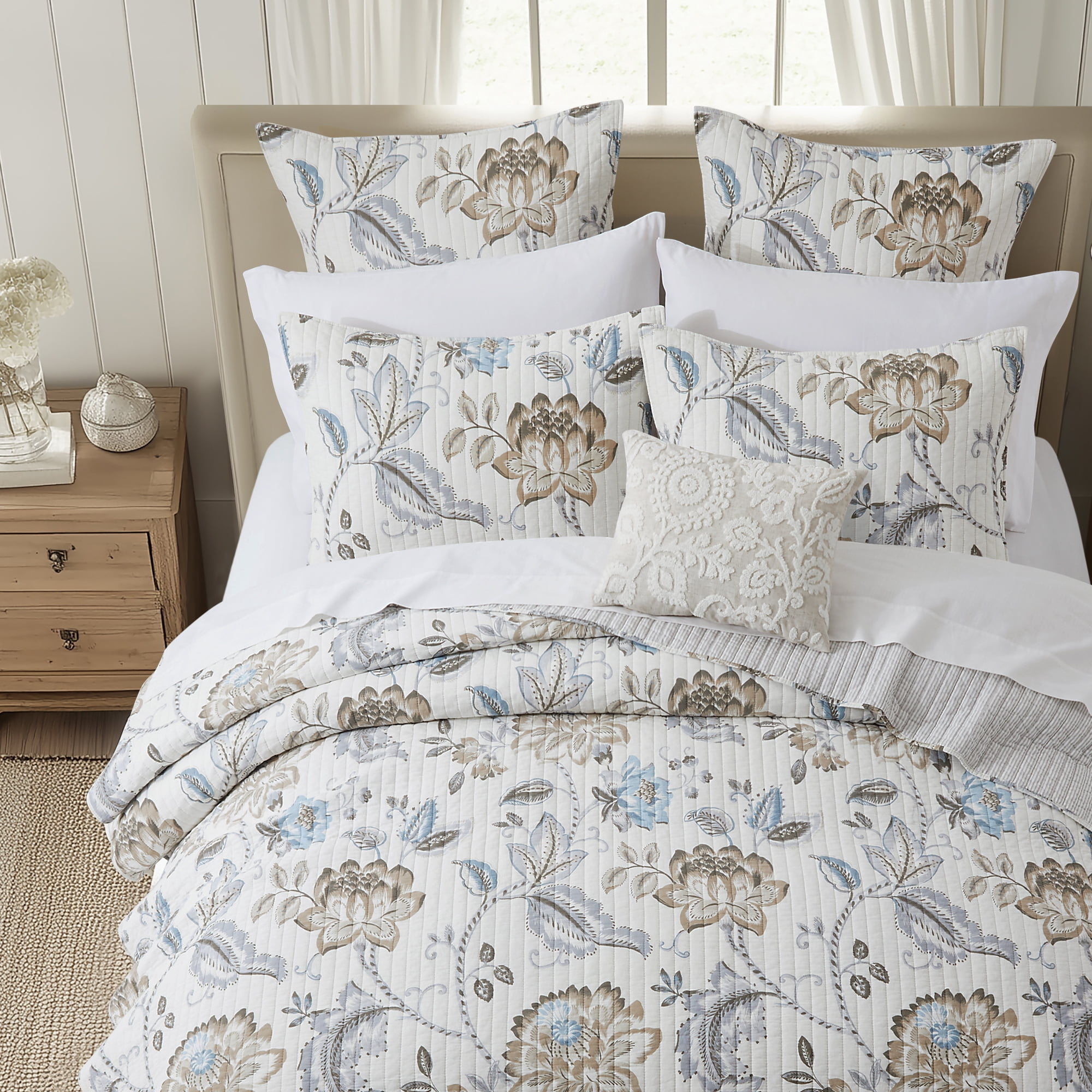 Levtex Home - Maileen Neutral Blue Quilt Set - King Quilt and Two King Shams - Floral - Taupe Blue and Cream - Quilt (106x92in.) and Shams (20x36in.) - Reversible - Cotton