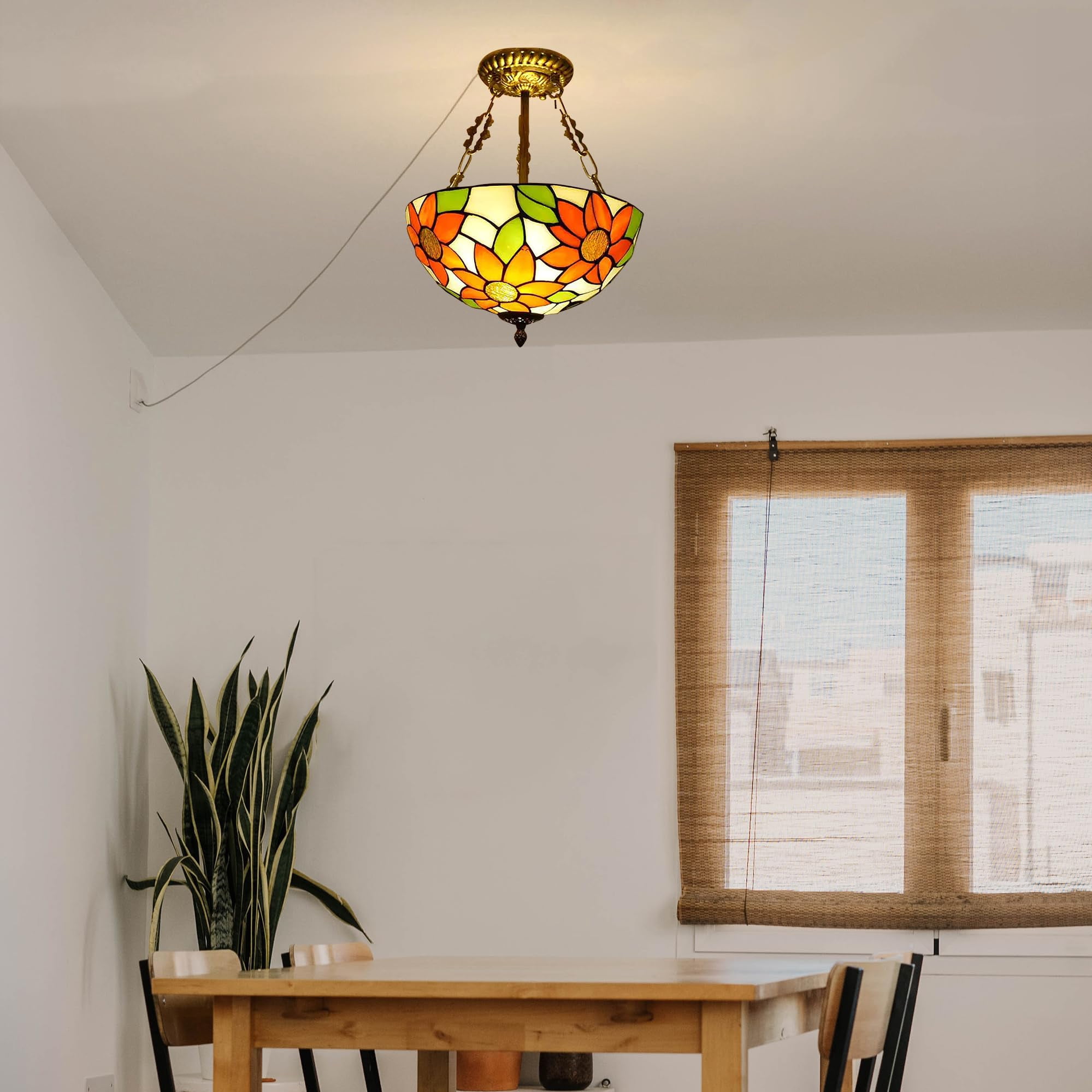 Kiven 11.8in Plug-in Flush Mount Ceiling Light Fixture, 2-Light Anti Glare Close to Ceiling Light with 15FT Cord, Tiffany-Style Glass Chandelier Dimmable for Bedroom Kitchen Hallway(No.3221)