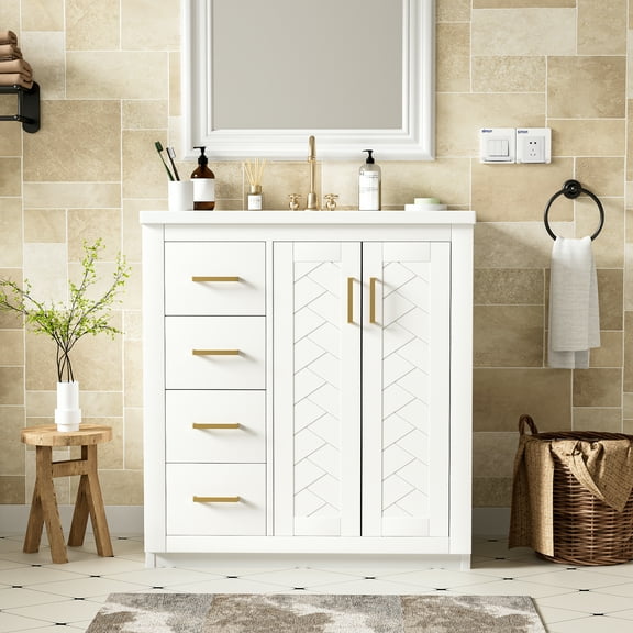 Harper & Bright Designs 30" Bathroom Vanity with Sink, Bathroom Storage Cabinet with Drawers, Single Sink Bathroom Vanity Soft with Closing Doors, White