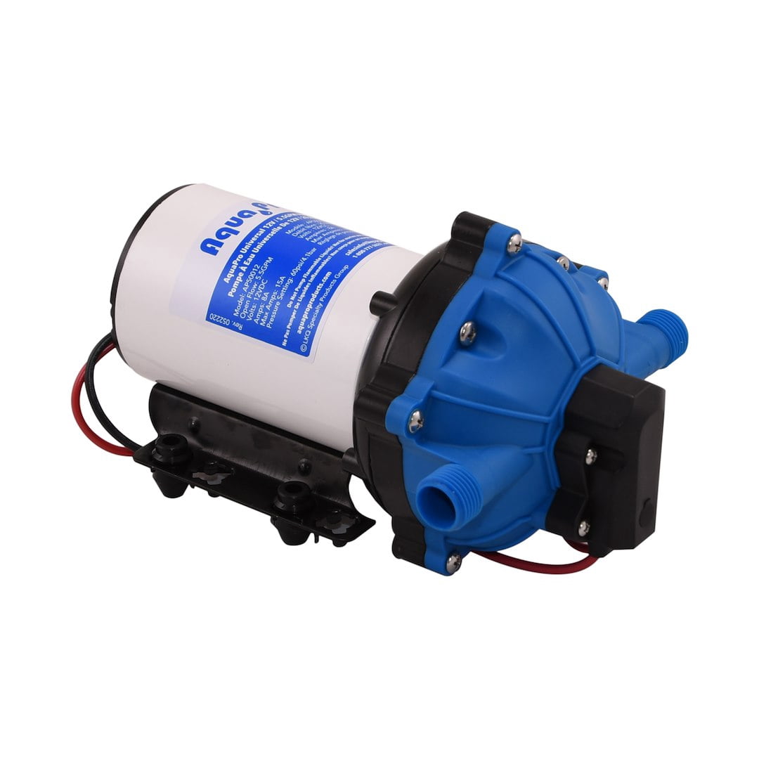 Aqua Pro 21863 Fresh Water Pump; AP50012; Self-Priming; 5.5 Gallon Per Minute; Shuts Off At 60 PSI; 8-1/2 Inch Length x 5-3/4 Inch Width x 5.16 Inch Height; 12 Volt DC; Run Dry Safe