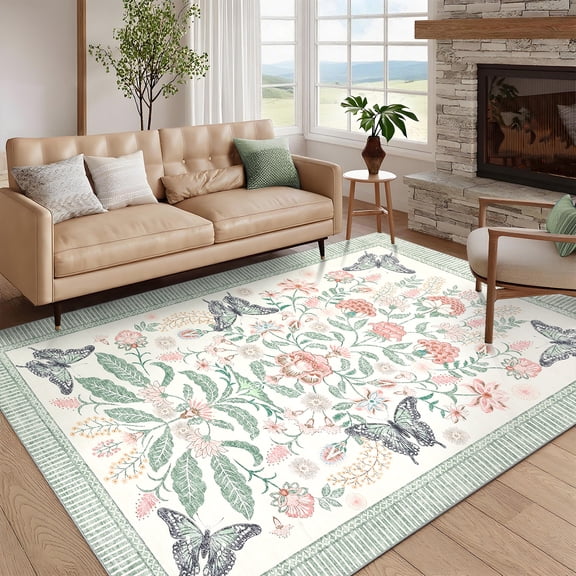 Garvee 8'x10' Floral Area Rug Geometric Bordered Carpet, Butterfly Printed Rug Washable Non Slip Rug for Living Room Bedroom Farmhouse, Green