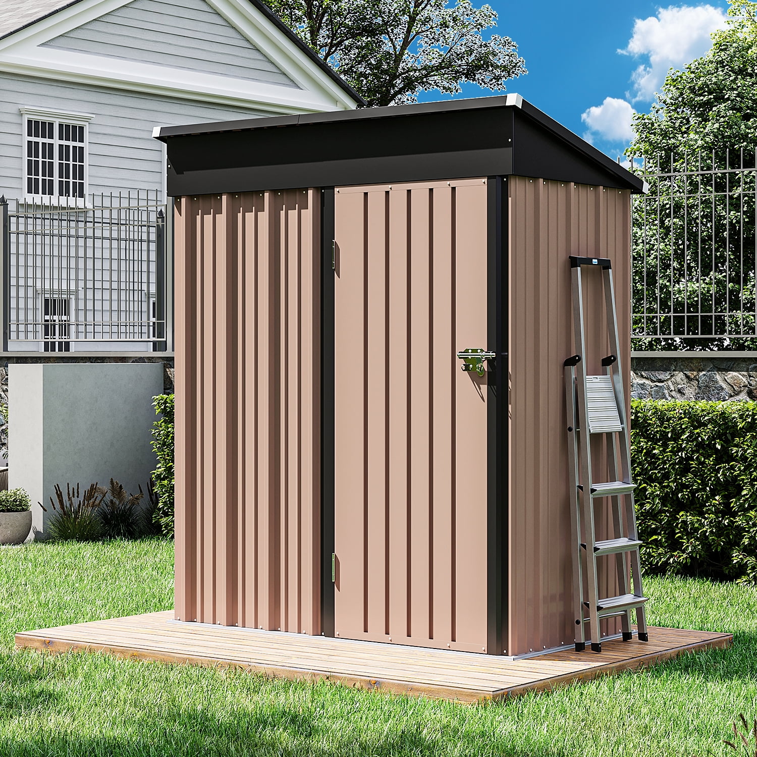 Bapipro 5' x 3' ft Outdoor Storage Shed with Base Frame, Garden Shed with Lockable Door，Metal（Brown）